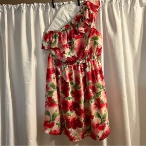 Andree Red and Green Floral One-Shoulder Dress - Size L